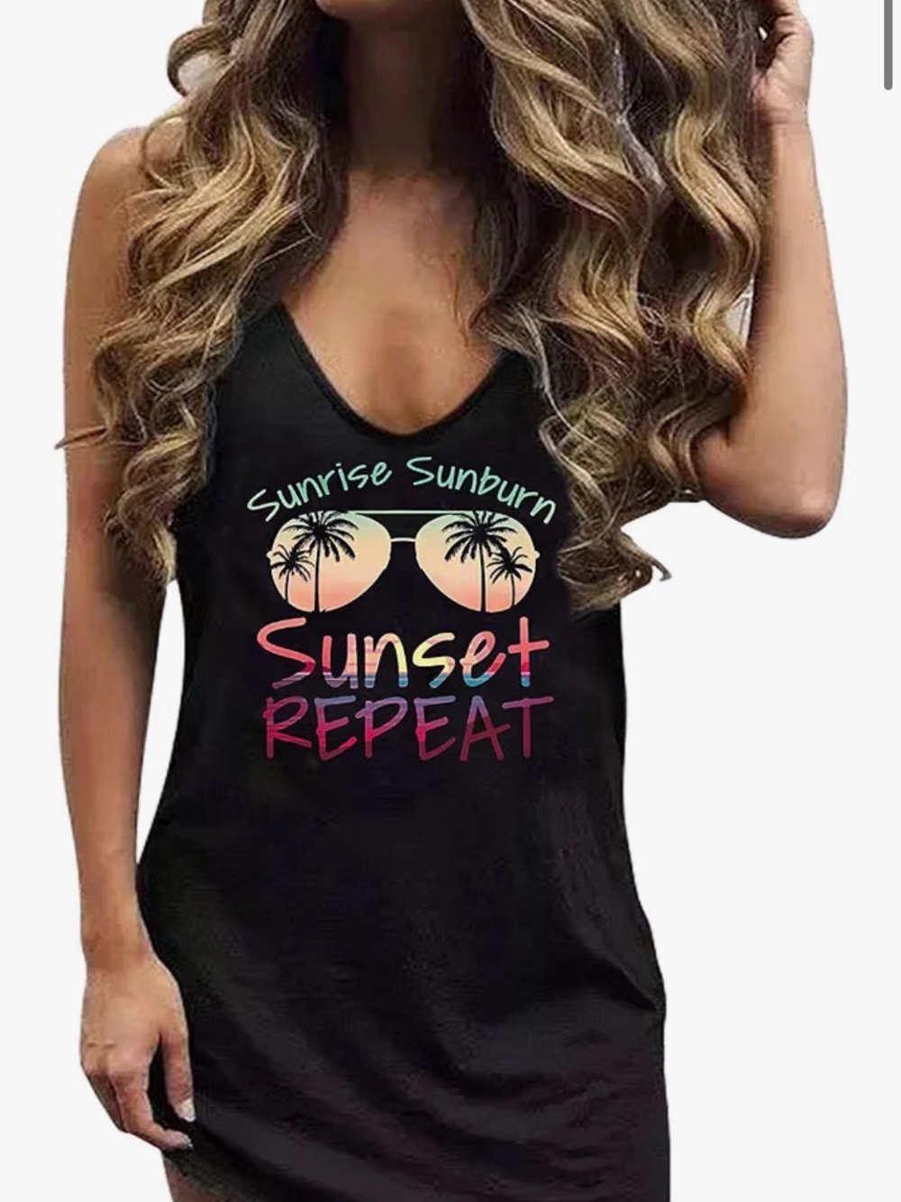Black Graphic Tank Dress with Sunset Print
